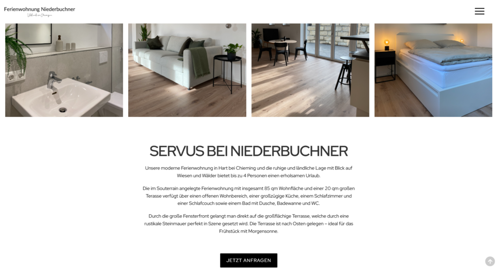 Referenzprojekt Webdesign: Screenshot der Homepage „Ferienwohnung Niederbuchner“. Zu sehen ist ein cleaner Header, eine vierteilige Interieur-Bildergalerie, ein bayerischer Begrüßungstext und ein prominenter „Jetzt anfragen“-Button.